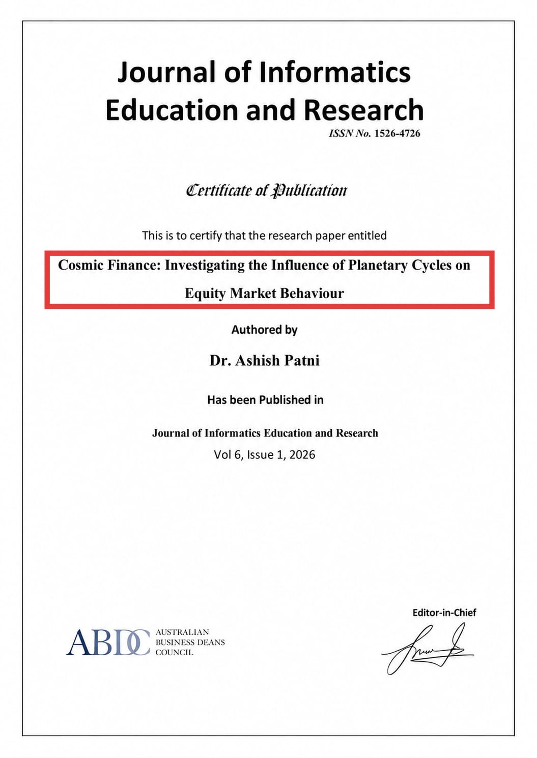 Dr. Ashish Patni Cosmic Finance Certificate of Publication - Journal of Informatics Education and Research ABDC